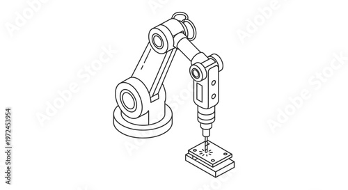 Isometric line art illustration of a robotic arm performing precise work on a component, symbolizing industrial automation, manufacturing, and advanced technology.