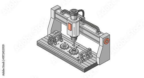 Isometric illustration of a 3-axis CNC milling machine precisely manufacturing metal gears for industrial automation and engineering projects.