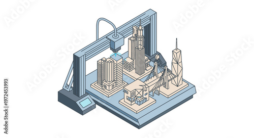 Isometric illustration of a 3D printer creating architectural models of buildings, representing future construction, urban development, and cutting-edge manufacturing technology.