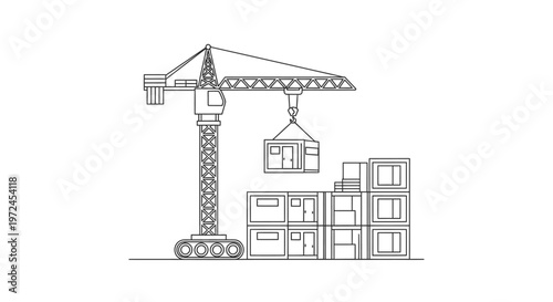 Construction site with tower crane lifting modular building units and stacked containers on white background