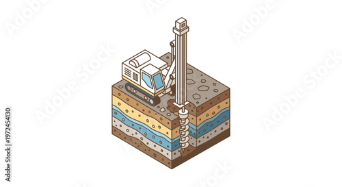 Isometric illustration of a drilling rig excavating soil layers for construction or geological survey