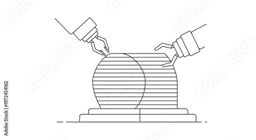 Robotic arms creating a 3D printed sphere with horizontal lines, industrial automation concept