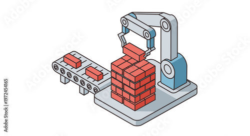 Automated robotic arm stacking bricks on a conveyor belt in a factory, representing industry and manufacturing.