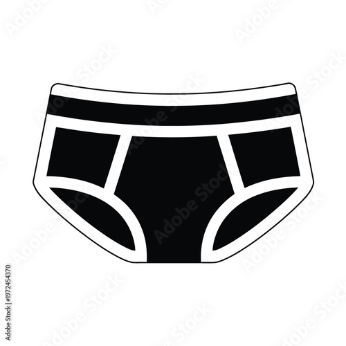 A simple black and white illustration depicts a pair of men s briefs isolated on a white background