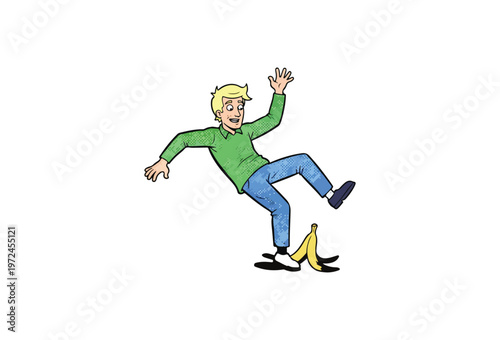 funny cartoon man slipping on banana peel, accident vector illustration, comedic slip, fall icon