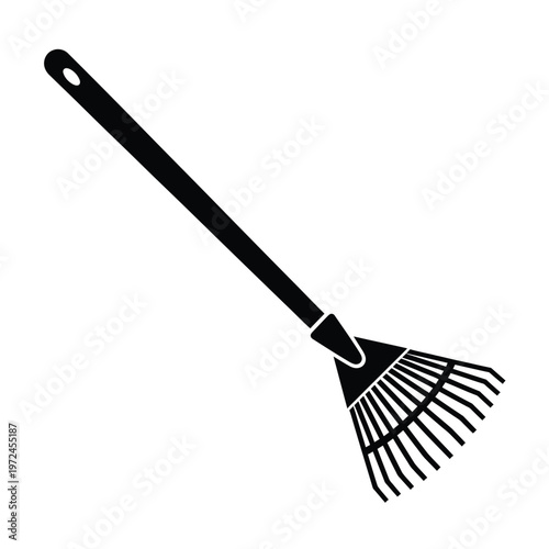 A simple black and white illustration depicting a garden rake with a long handle and tines high quality professional