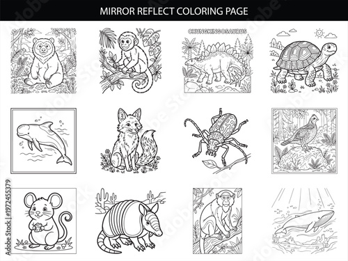 Creative animal and nature coloring page set featuring bear monkey dinosaur turtle dolphin fox beetle bird mouse and armadillo