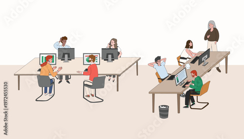 Two office scenes with data analytics and senior team leadership at modern desks flat illustration set of 2