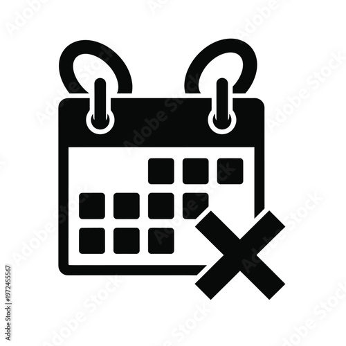 A black and white illustration depicts a calendar page with a large red x marking cancellation