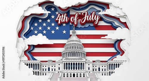 4th of july celebration background with us capitol building and american flag in paper cut style