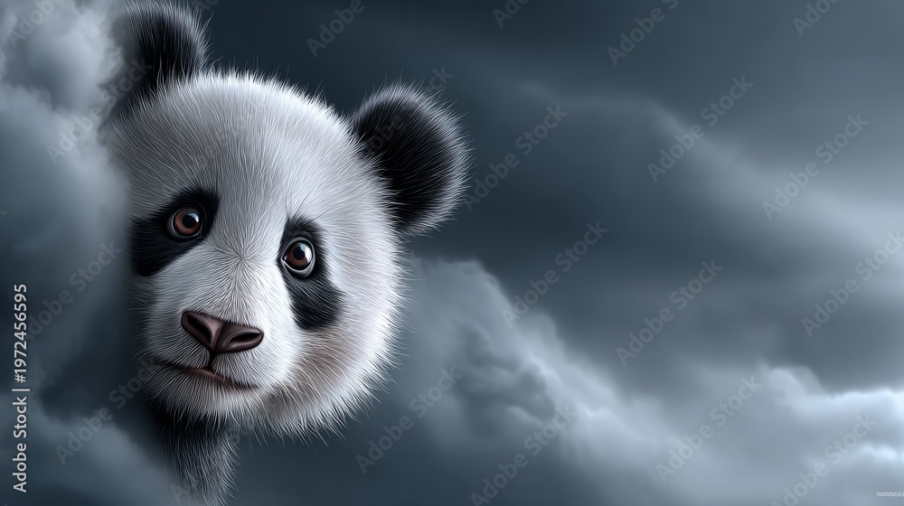 Obraz premium Panda peeking through clouds in an artistic illustration with dark tones and details