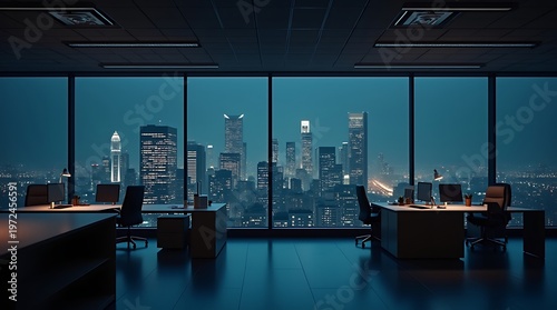 Corporate Workspace with Urban City Lights and Skyscrapers Through Windows