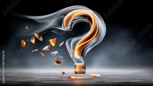 Question mark made of glass with fragments floating around in a smoky background