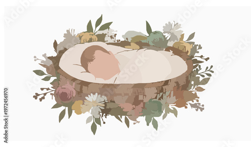 Adorable Sleeping Baby in Basket with Floral Boho Nursery Vector Illustration