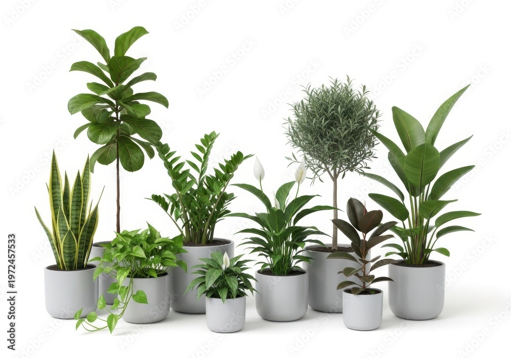 Obraz premium collection of potted houseplants on white background minimalist decor