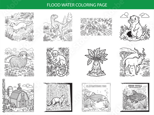 Flood water coloring page set featuring farm animals and exotic fish in detailed black and white vector illustration style