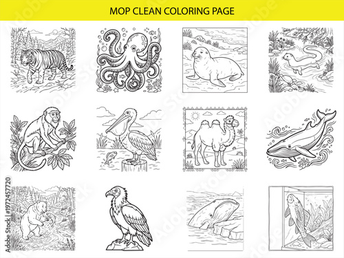 Natural habitat animal coloring page vector set featuring mammals and aquatic creatures in detailed artistic line art