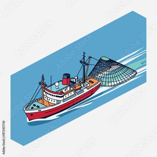 Fishing boat with large net in ocean.