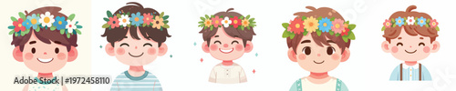 half body vector of a little boy wearing a crown of flowers on spring