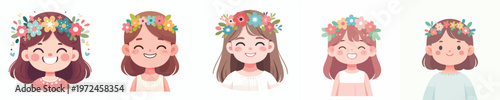 half body vector of a little girl wearing a crown of flowers on spring