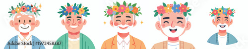 half body vector of a grandpa wearing a crown of flowers on spring