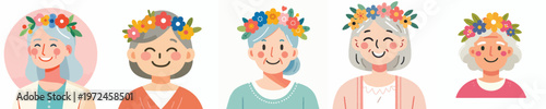 half body vector of a grandma wearing a crown of flowers on spring