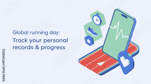 Global running day tracking personal records and progress on smartphone app