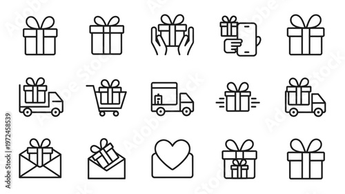 Collection of gift icons with delivery and shopping symbols