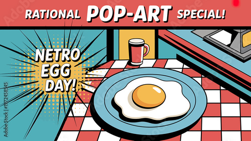 Pop art style illustration of fried egg on plate with coffee cup on table