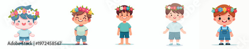 vector of a little boy standing wearing a crown of flowers on spring
