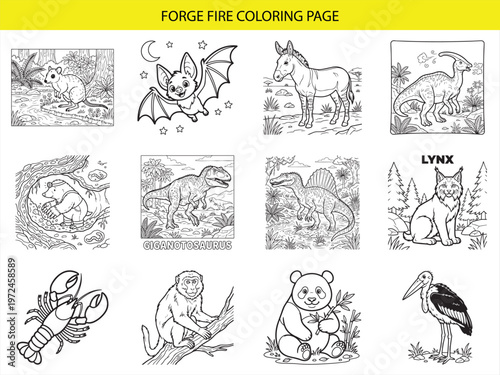 Forge fire theme coloring book page vector collection featuring giganotosaurus spinosaurus lynx monkey and panda bear