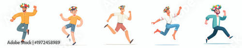 vector of a man happily dancing and wearing a crown of flowers on spring