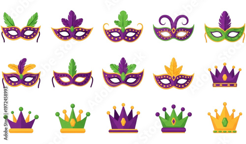 A colorful illustration of Mardi Gras masks and crowns in purple, green, and gold