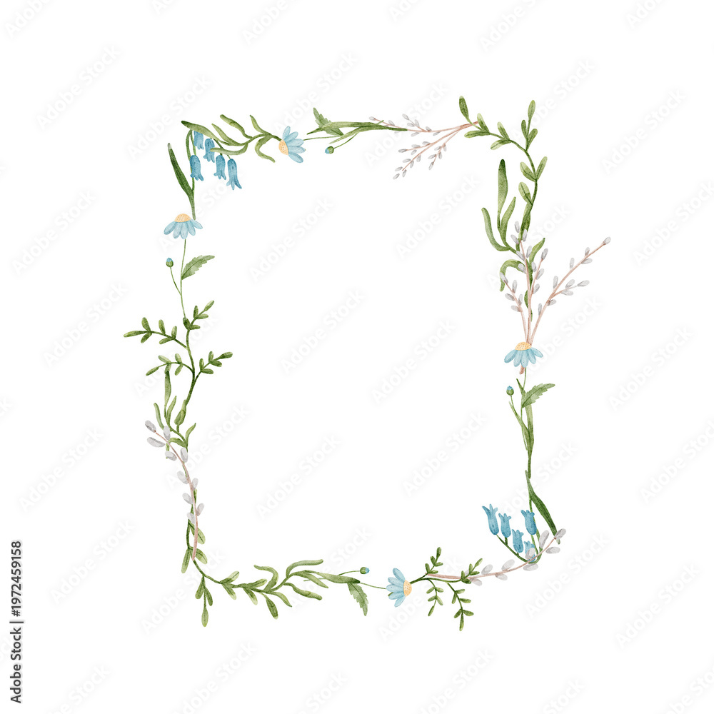 Fototapeta premium Watercolor spring floral bouquet set with cute bunny and wildflowers, Easter clipart collection in soft pastel style on a transparent background