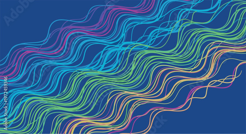 Abstract background with a multitude of thin, flowing wavy lines creating a vibrant rainbow gradient effect against a deep dark blue canvas.