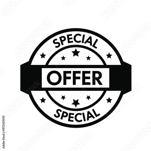 A circular black and white badge proclaims a special offer with stars and bold lettering high quality professional detailed