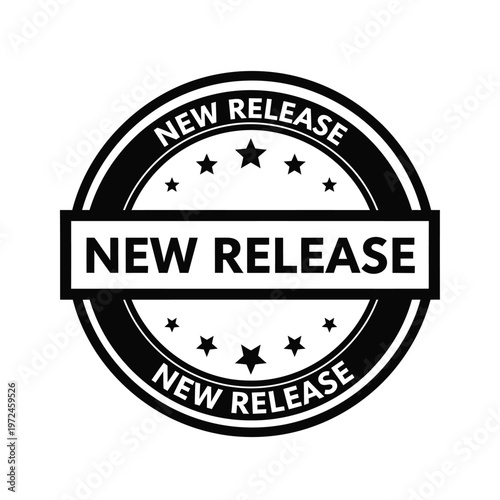 A circular black and white badge announces a new release with repeating text and star embellishments high quality professional