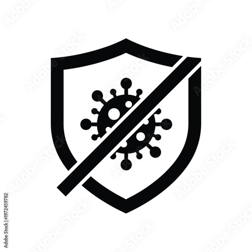A black shield icon with a red line crossing a virus shape symbolizing protection and immunity