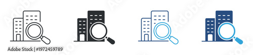 Property Search Icon Set, Real Estate Finder and Building Lookup Symbols, House Hunting and Property Analysis Concept Icons, Vector Illustration