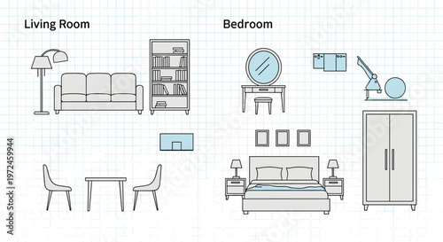 Collection of various furniture and home decor items for a living room and bedroom displayed on a blue blueprint grid background.