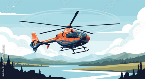 Orange and blue helicopter flies over a scenic mountain landscape with a winding river and evergreen trees under a bright blue sky.