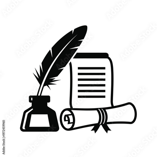 A classic black and white illustration depicts a quill inkwell scroll and letter symbolizing writing and literature