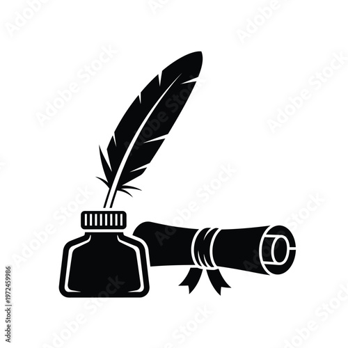 A classic black silhouette depicts a quill pen inkwell and rolled parchment scroll symbolizing writing high quality