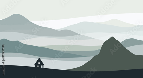 Minimalist mountain landscape with house