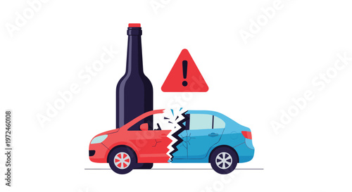 Visual representation of the dangers of drunk driving showing two crashed cars with a large wine bottle and a red warning exclamation mark.