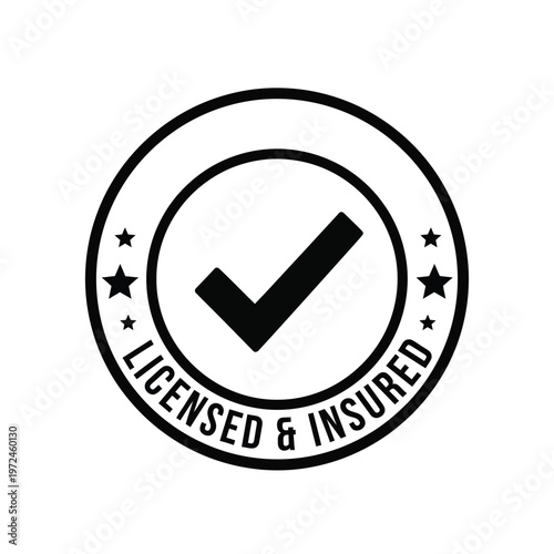 A circular black and white seal features a checkmark stars and the text licensed insured around its perimeter