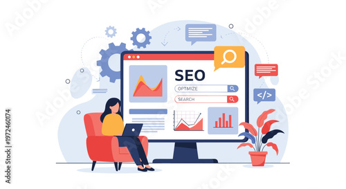 Digital marketer works on a laptop in a comfortable red armchair while analyzing search engine optimization data on a large computer screen.