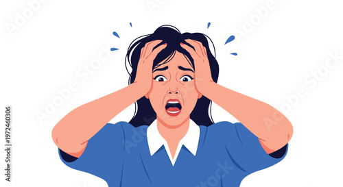 Young woman expresses extreme fear and anxiety, holding her head in her hands with a shocked and terrified facial expression.