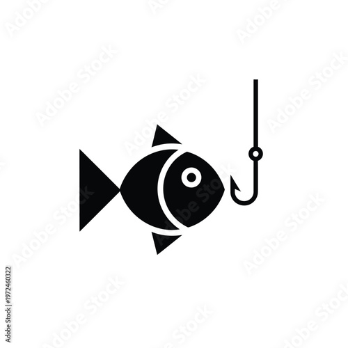 A simple black silhouette depicts a fish caught on a fishing hook representing angling and seafood