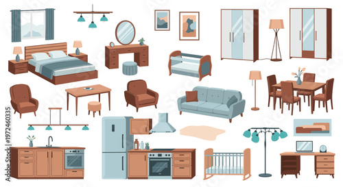 Comprehensive collection of modern furniture items includes a bed, sofa, kitchen cabinets, office desk, wardrobes, and a baby crib.